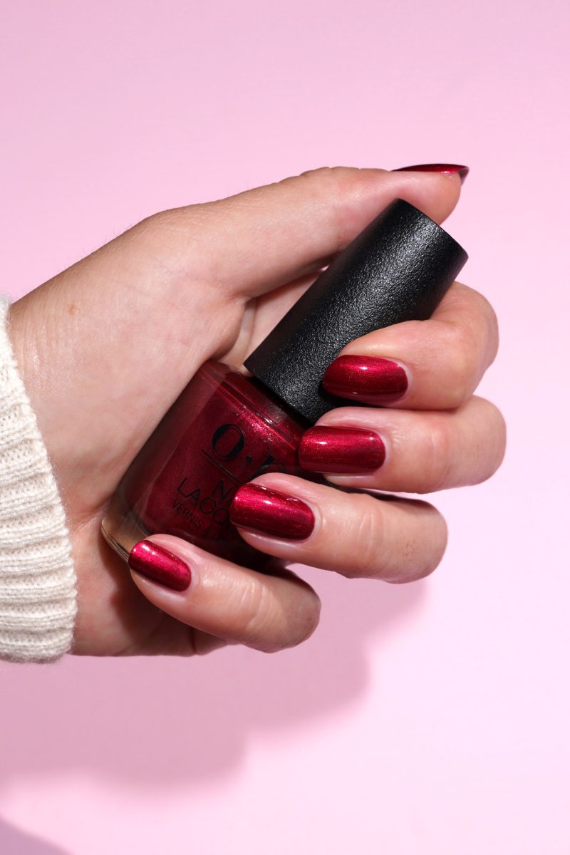 A shimmery red nail polish similar to Left Your Texts on Red