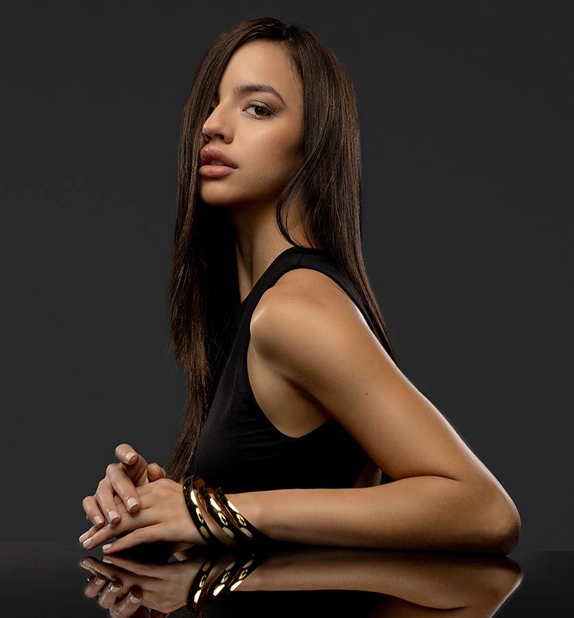 A model for the BaBylissPRO brand with long, straight black hair