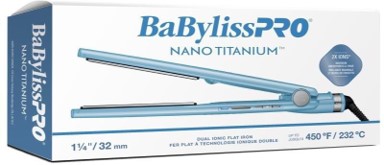 Packaging for the BaBylissPRO, Nano Titanium, 1-¼” Dual Ionic Flat Iron.