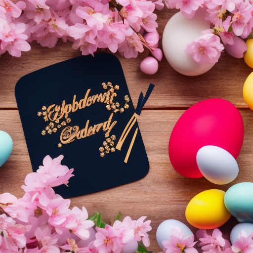 Wedding card, Cherry blossom and graduation cap and Easter eggs.