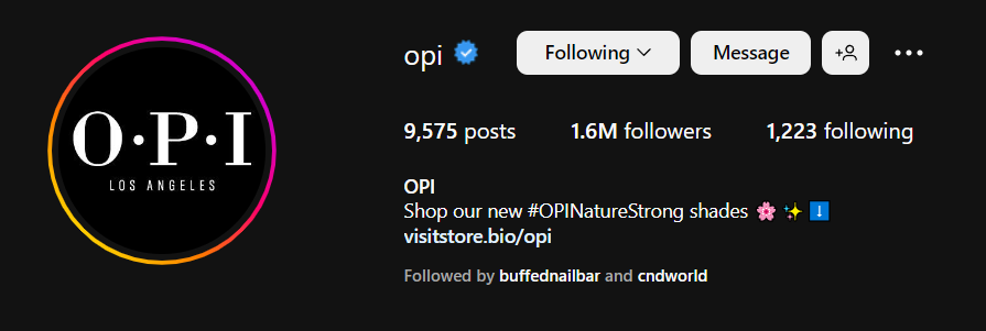 OPI Instagram profile showing the new hashtag #OPINatureStrong
