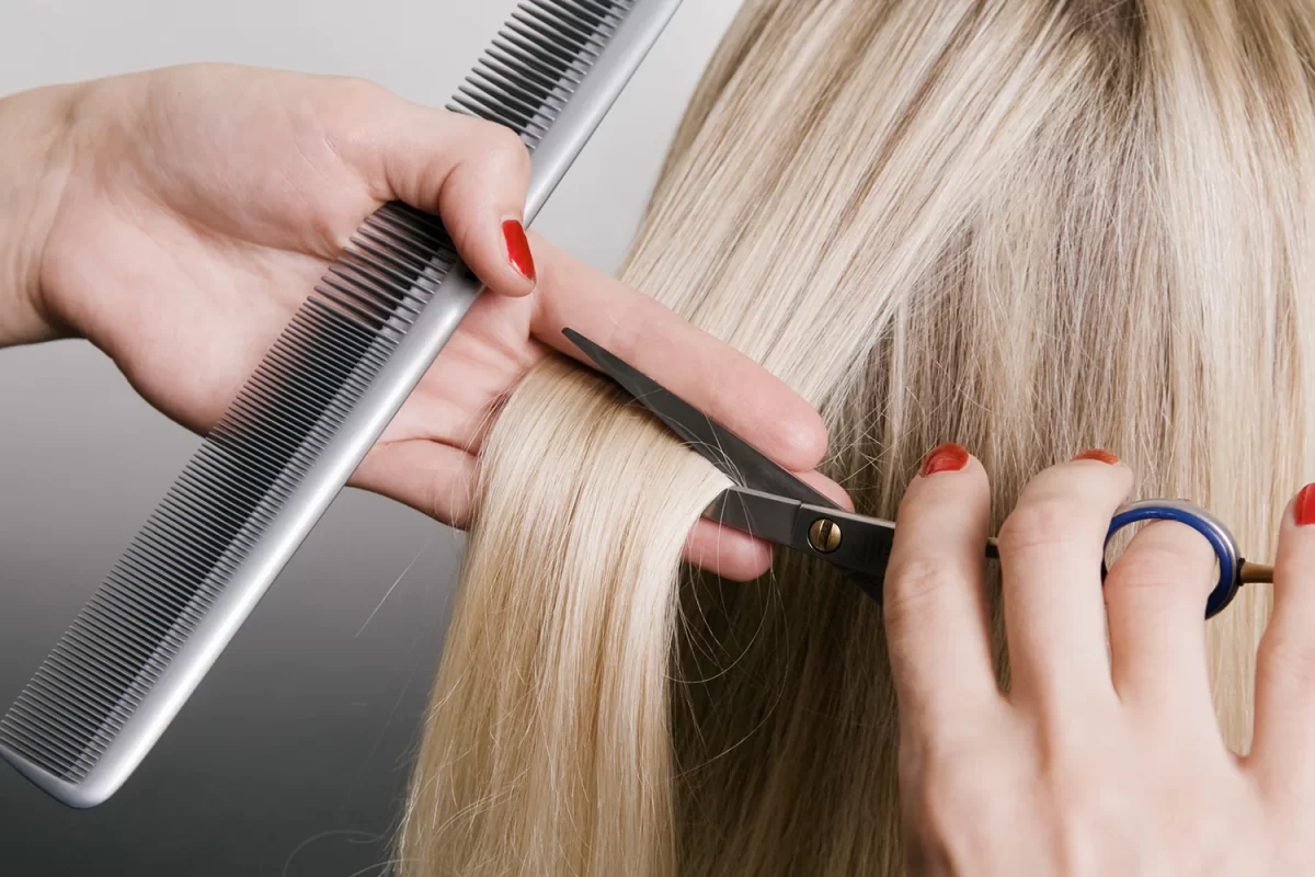 Hairdresser cutting blonde hair. closeup over grey background