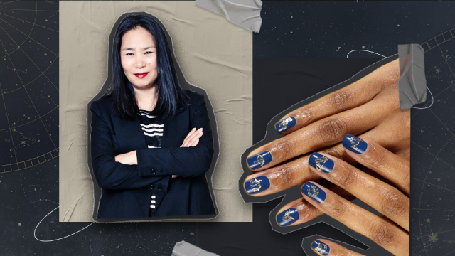 Jin Soon Choi, the Korean professional nail artist, is pictured on a black background, and in front of her picture are two hands with bold blue painted nails and some amazing nail art designs that she has done.