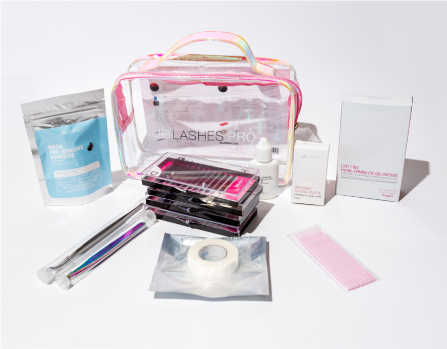A Starter Kit for lashes from the JB Lashes brand includes adhesives, lashes, and tweezers.