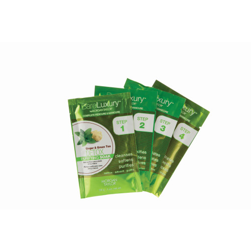 The four steps of the BareLuxury DETOX Products in the Ginger & Green Tea fragrance