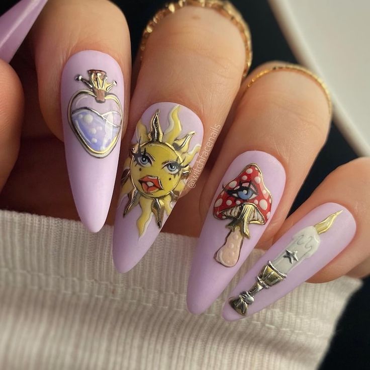 A woman's hand adorned with gold rings showcases light purple-painted nails, each featuring intricate designs. Among them were a yellow sun, red and beige mushrooms, a light blue perfume bottle, and a silver and white candle design.