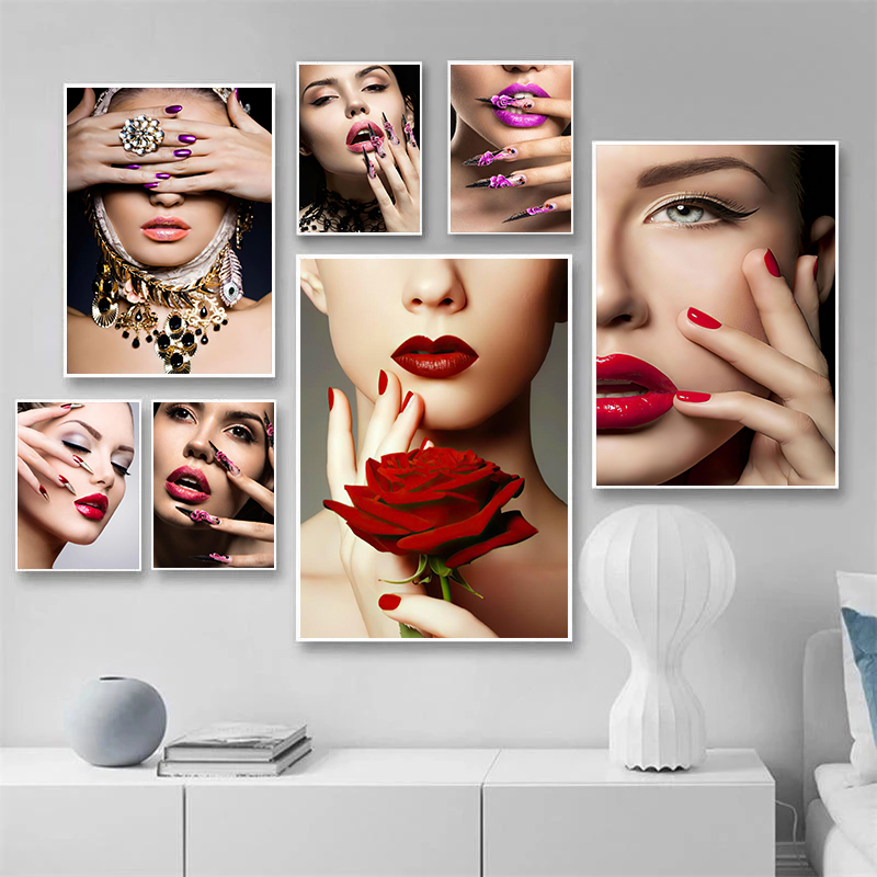 A nail salon wall showcasing a nail art gallery featuring various women's nails professionally done.