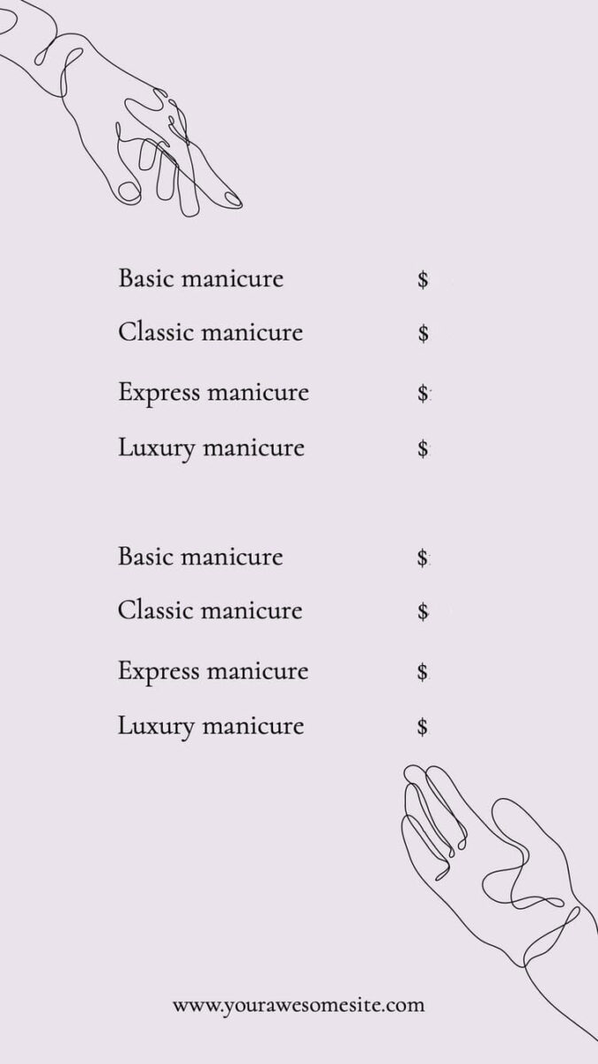 A list with keywords 'basic manicure' and 'luxury manicure', indicates the pricing for mobile nail services.