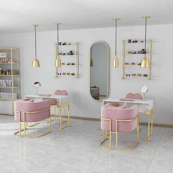 Golden marble manicure table and a chair in a nail salon with a modern minimalism decoration theme