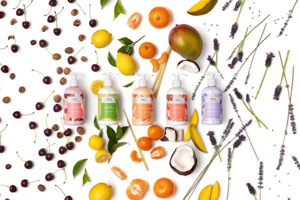 The full set of CND Scentsations bottles for Body lotions. The five refreshing scents of CND Scentsations.