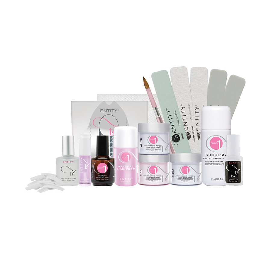 Entity Beauty Kits line, Entity products, files, gels, powders, brushes, and Rubber Base