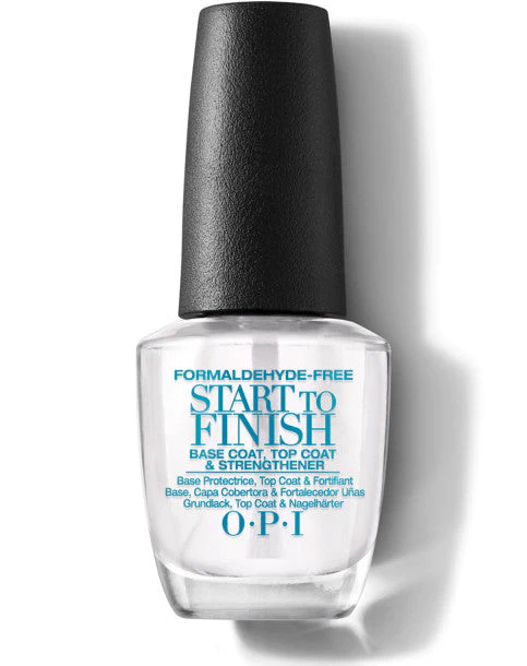 The OPI Start to Finish Treatment bottle on a light blue background.