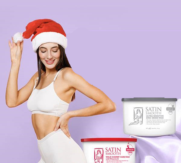 Satin Smooth Hard Wax containers and a beautiful girl with smooth skin in front of the products