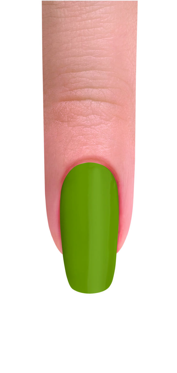 A finger with green nail polish against a white background.