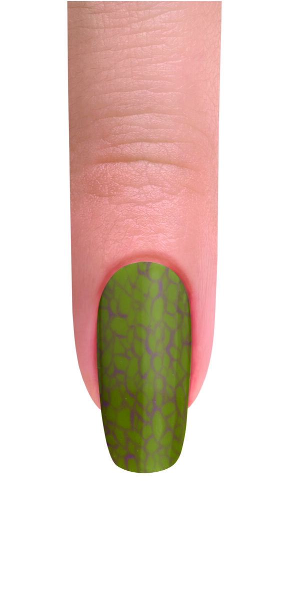 A finger with green nail polish with some light black design against a white background.