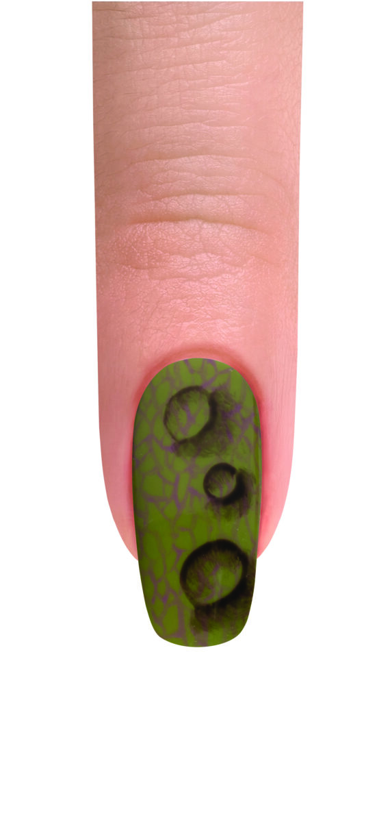 A finger with green nail polish with some light black design like a dew drops against a white background.