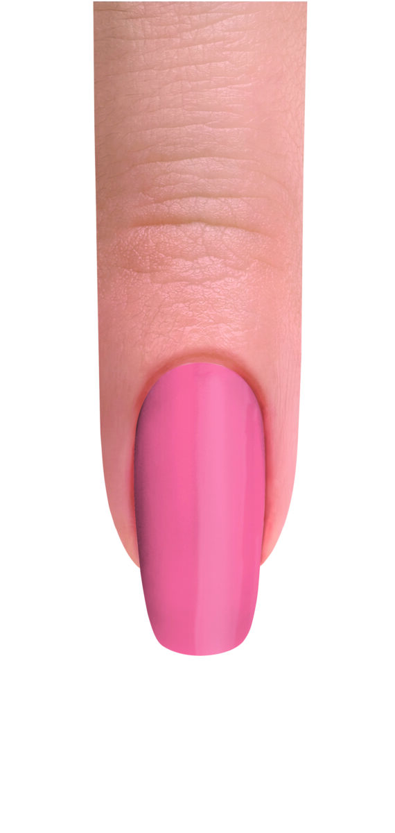 A finger with pink nail polish against a white background.