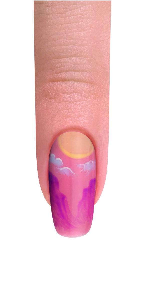 A finger with nail art depicting a sunset with clouds and mountains