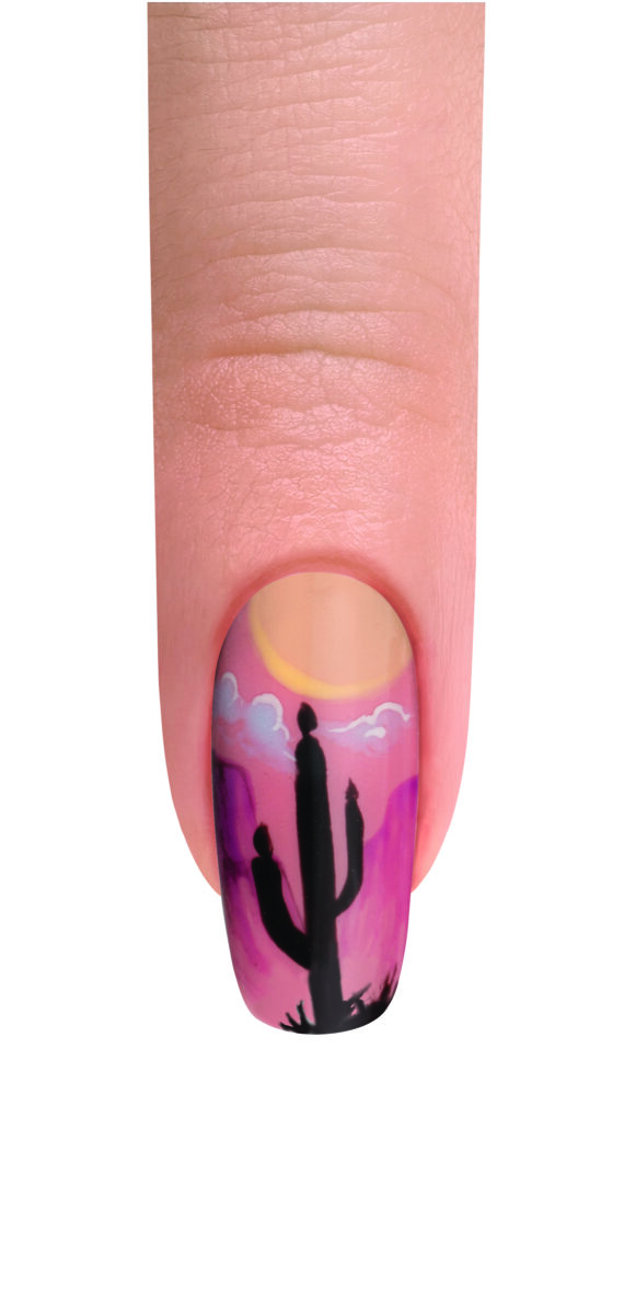 A finger with nail art depicting a shadow for a cactus at sunset.  