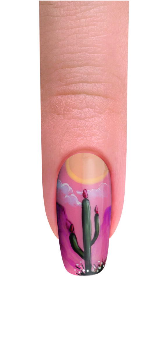 A finger with nail art depicting a cactus at sunset. Gelish Spring 2024 collection