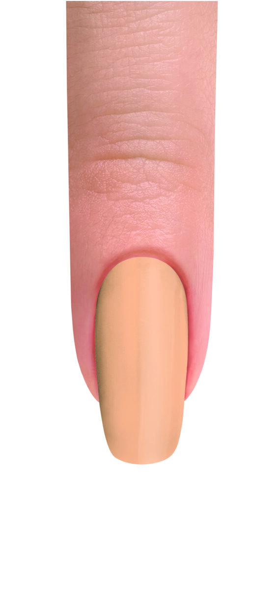 A finger with yellow nail polish against a white background.
