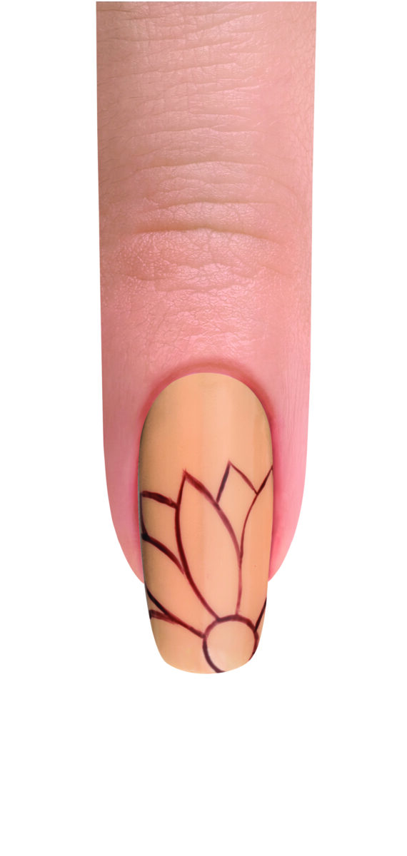 A finger with yellow nail polish and a flower design against a white background.