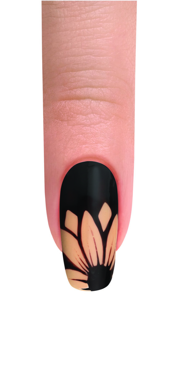 A finger with bold purple nail polish and a flower design in yellow against a white background.