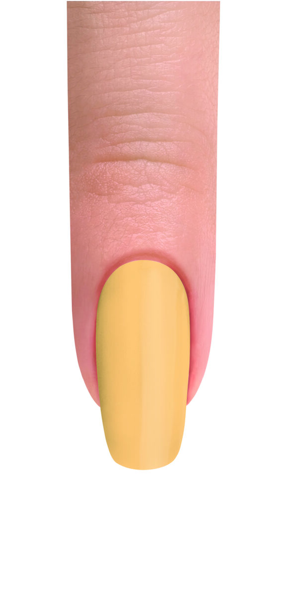 A finger with yellow nail polish against a white background.