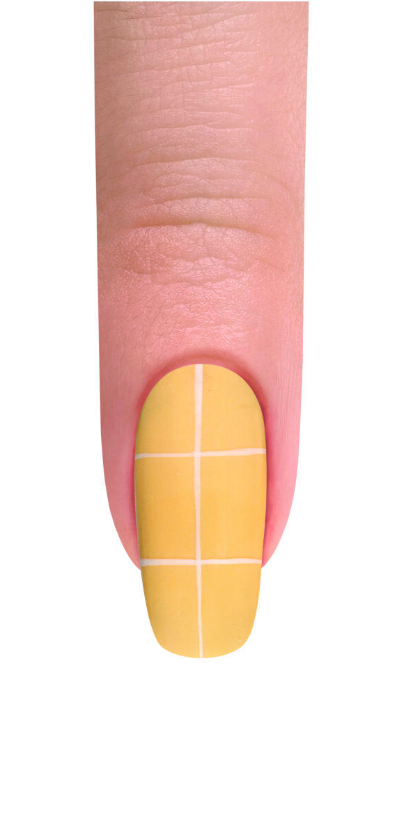 A finger with yellow nail polish with thin lines in a baby blue shade as a diagonal pattern against a white background.