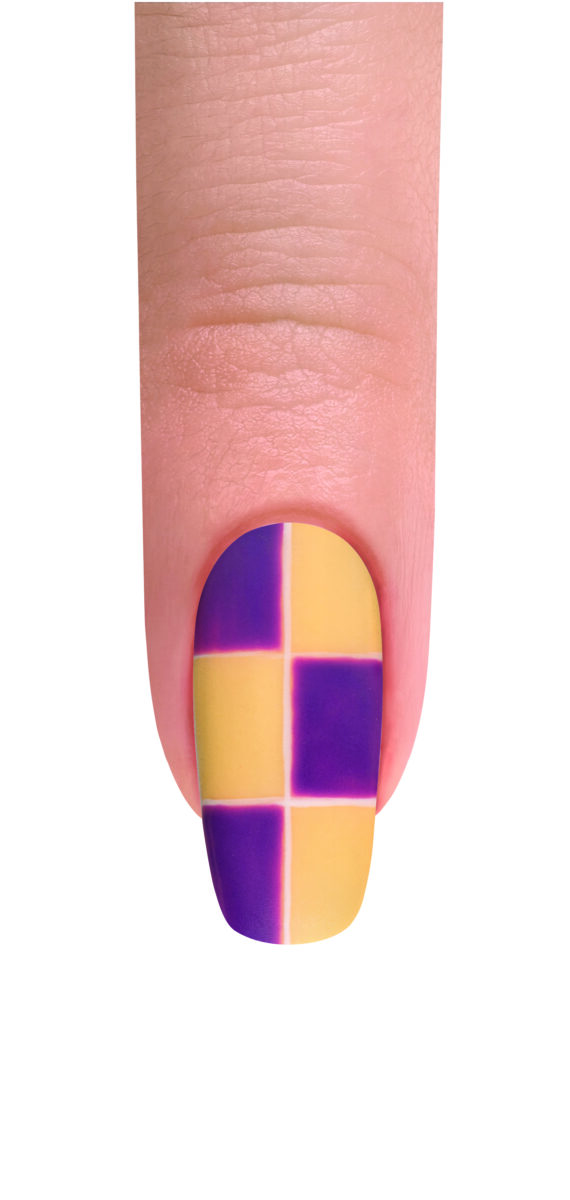 A finger with yellow nail polish with thin lines in a baby blue shade as a diagonal pattern, the sections are painted in purple and yellow against a white background.