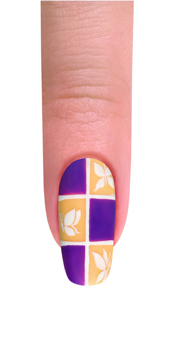 A finger with yellow nail polish with thin lines in a baby blue shade as a diagonal pattern, the sections are painted in purple and yellow, on the yellow sections there are white-leaf nail design. Gelish Spring 2024 collection