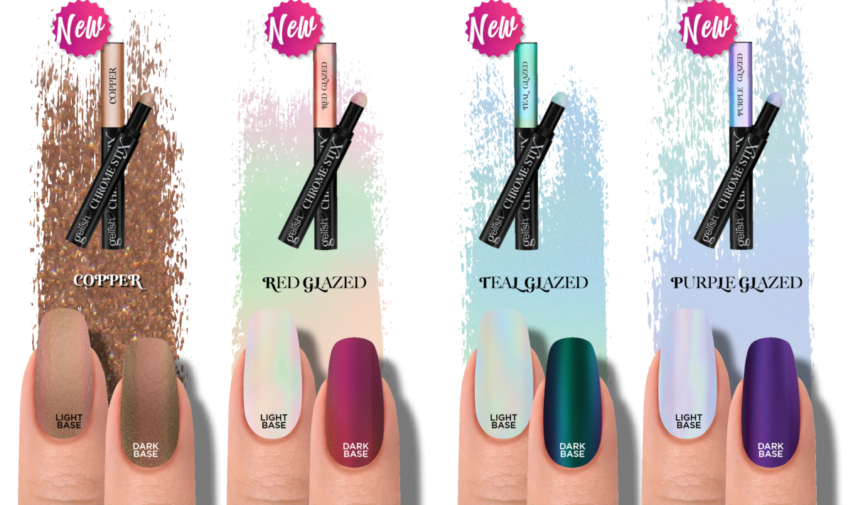 The four new Gelish Chrome Stix shades, including the Copper shade and the three Glazed shades.