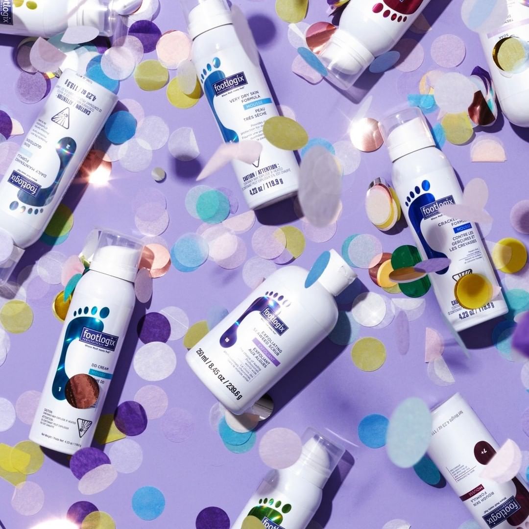 Footlogix foot care products on a purple background