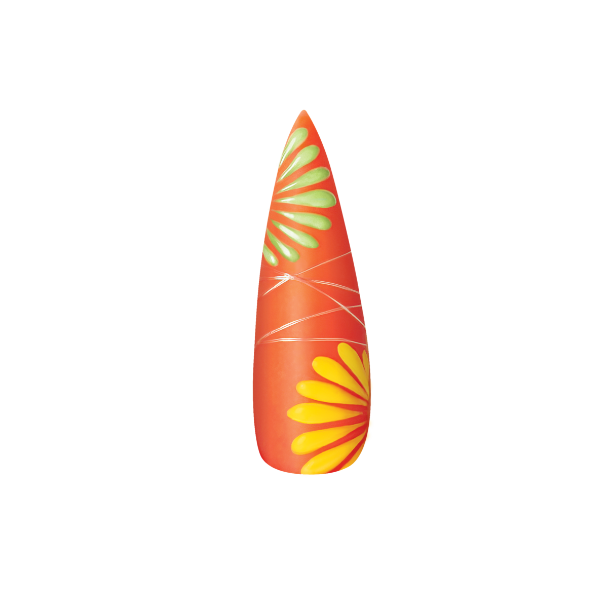Long stiletto nail tips painted in orange, adorned with yellow and green accents like flowers, are part of the CND Summer 2024 Nail Polish Collection.