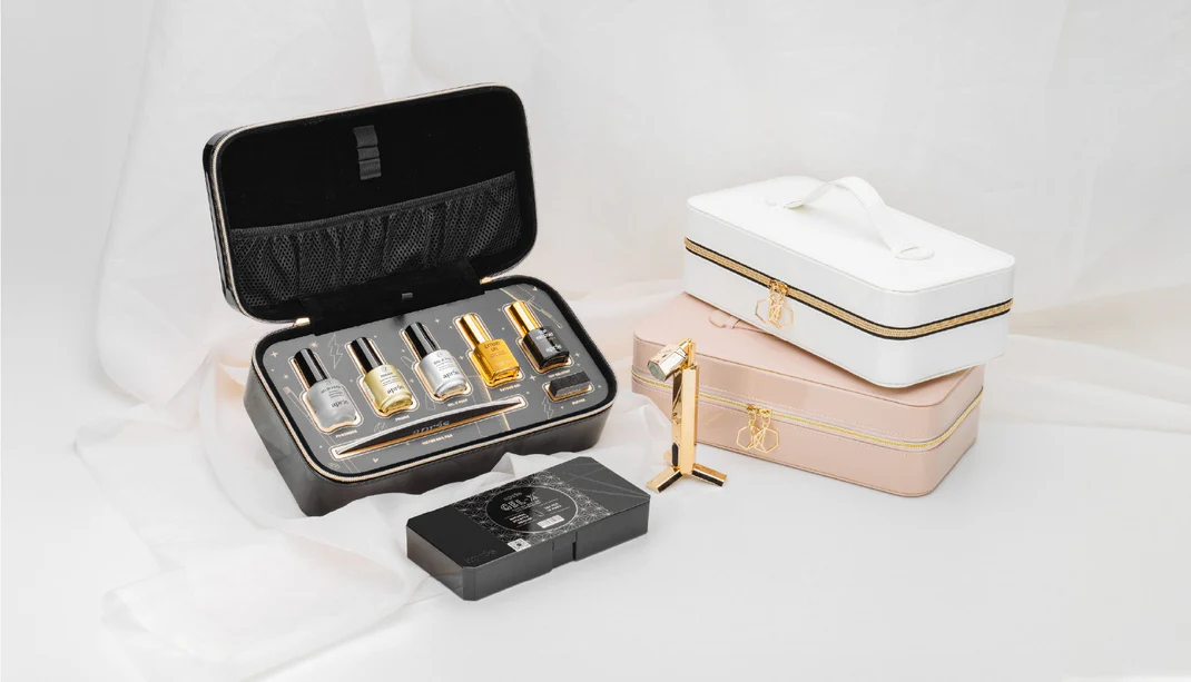Apres Gel-X Kits. pH Bonder and Non-Acidic Gel Primer. Apres mini LED nail lamp, nail file, nail buffer and bags.