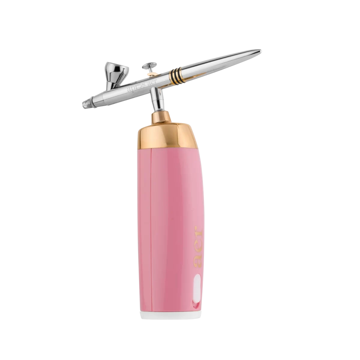 A sophisticated Apres Nail Brand airbrush tool, featuring a chic pink body with elegant gold accents. The top part is metallic, likely chrome, with a slim nozzle and an attached transparent paint reservoir, highlighting its use for precise and artistic nail airbrush designs.