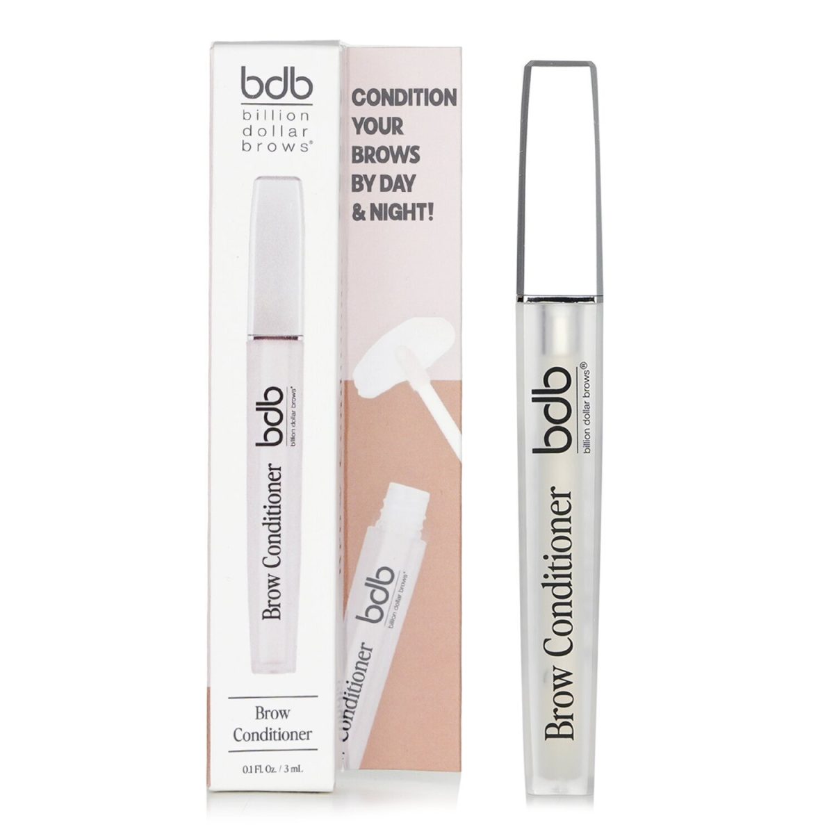 The packaging of the BDB Brow Conditioner bottles is displayed against a white wall.