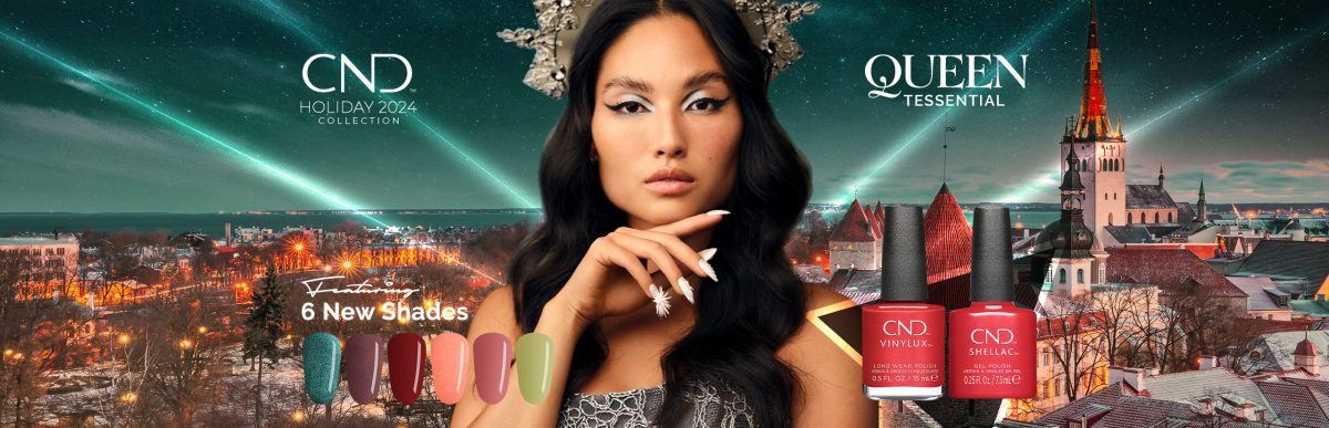 Promotional graphic for CND Holiday 2024 nail polish collection featuring six new shades with a beautiful woman showcasing painted nails against a cityscape background at dusk, accompanied by nail polish bottles. cnd winter 2024 nail polish collection. six new winter shades from cnd.