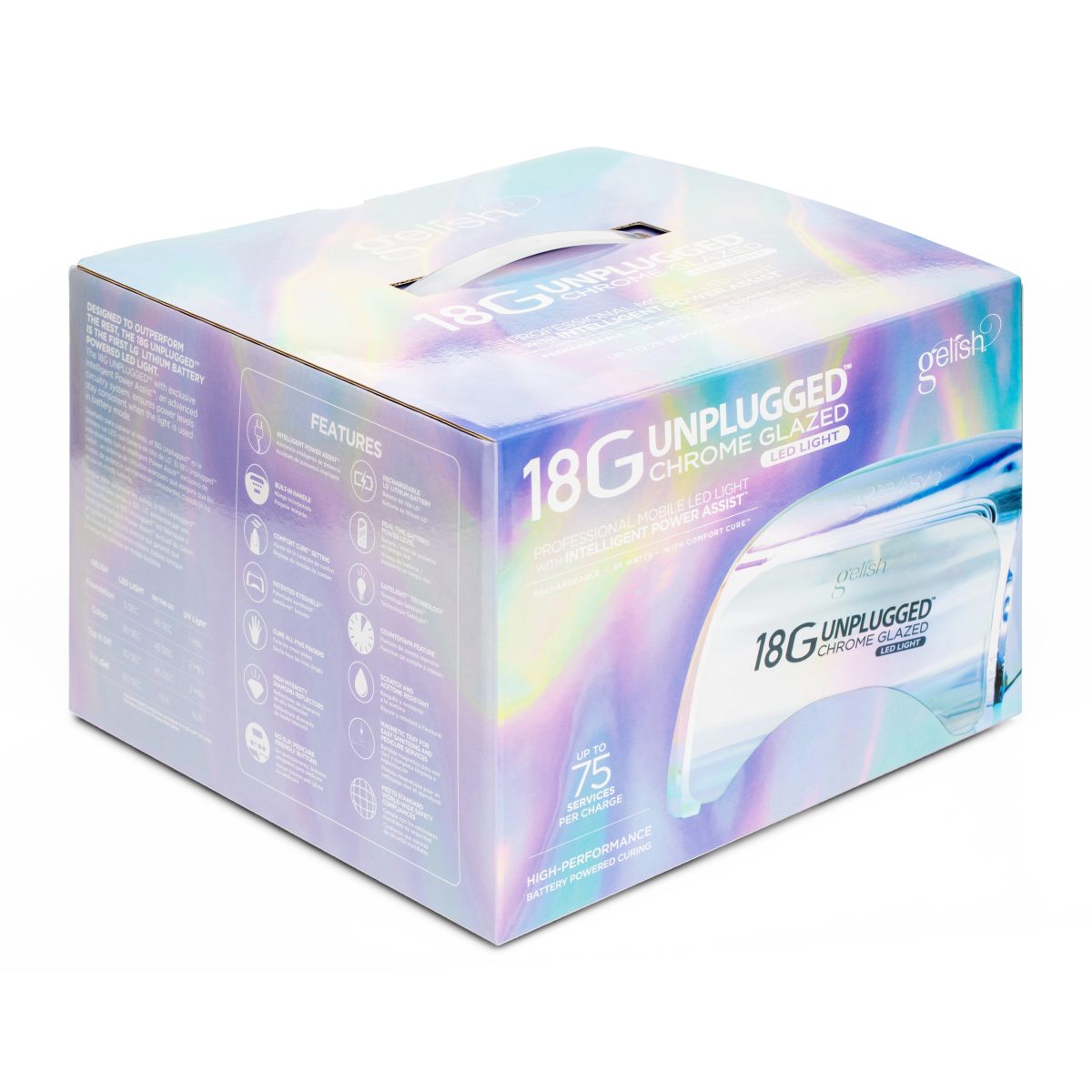 he Gelish 18G Unplugged Chrome Glazed LED/UV lamp packaging. Features and benefits.