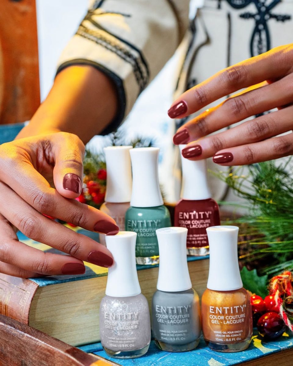 Entity winter 2024 six festive shades. Entity winter 2024 nail polish bottles.