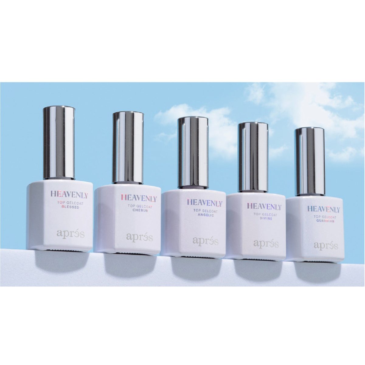 Apres Heavenly Top Coat 5 bottle shades. application process.