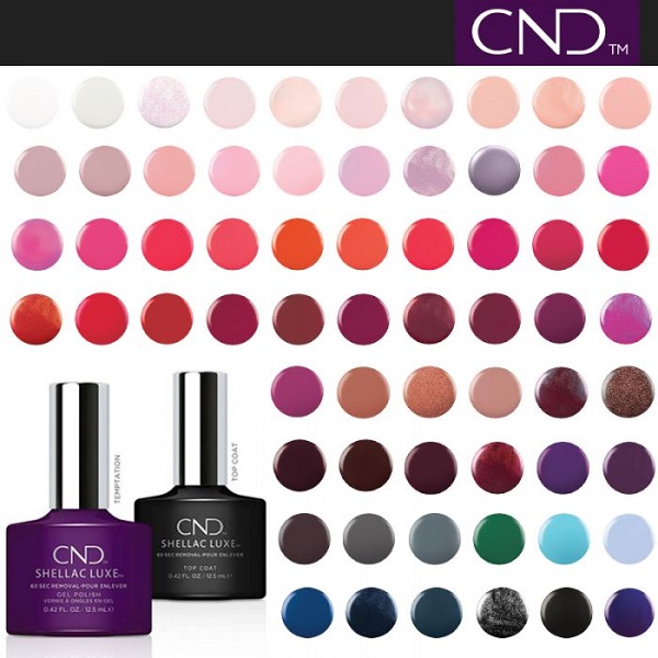 CND Shellac Luxe, all color collection. 50+ Shellac Luxe Shades. Shellac Luxe purple shade and a top coat bottle.