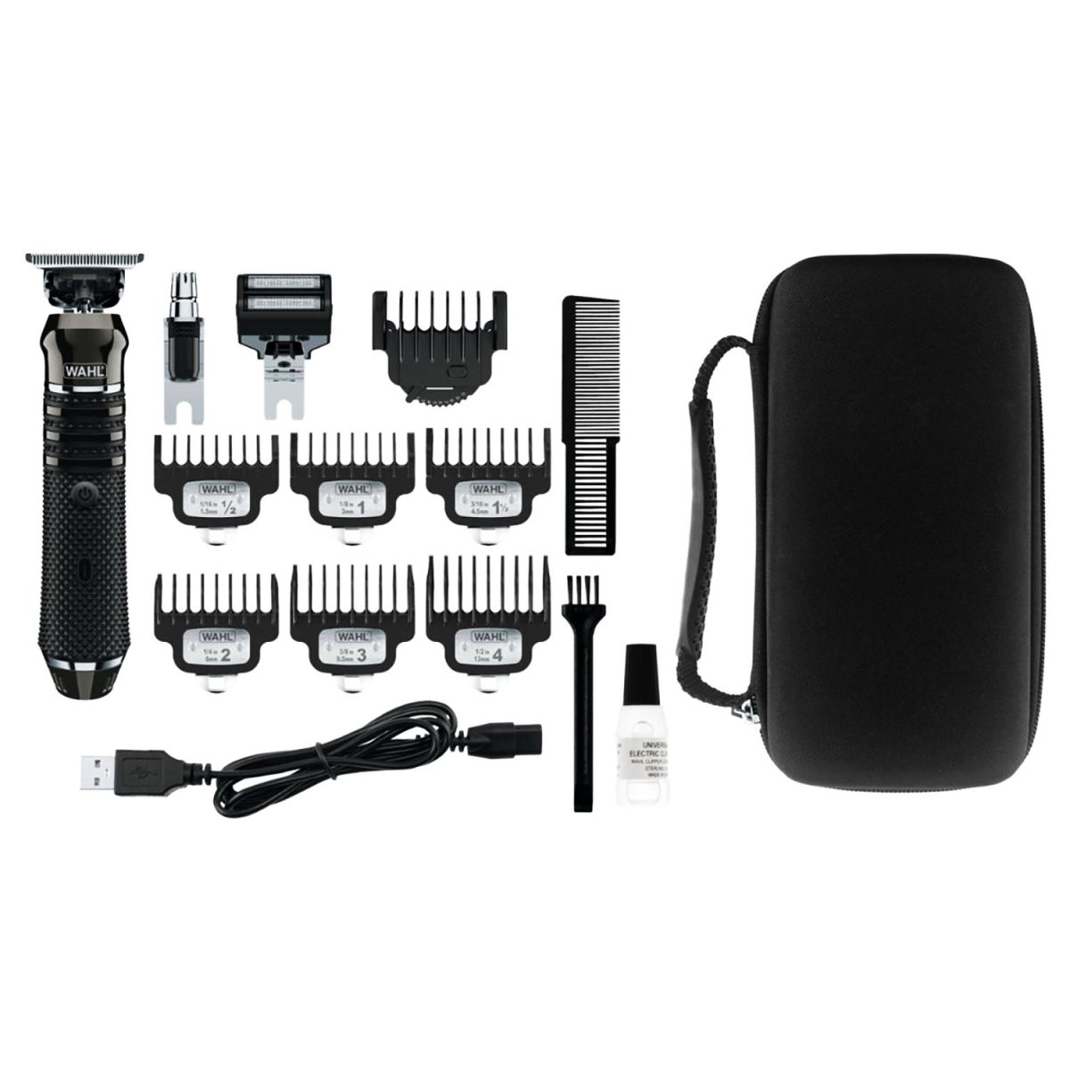 THE WAHL Pro Series High Visibility Trimmer BOX: 1 Trimmer
3 Interchangeable High-Visibility Heads (Trimmer, Detailer, Shaver)
8 Pro-Guard T-Blade Guide Combs
1 Blade Oil
1 Cleaning Brush
1 Moustache Comb
1 USB Charging Cord
1 Blade Guard
1 Storage Case