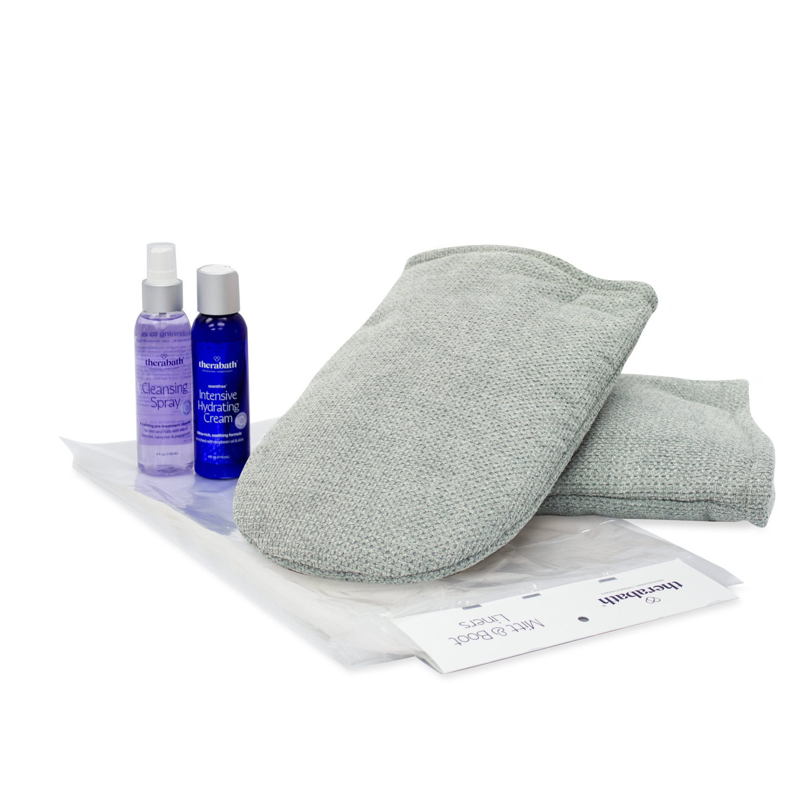 Comfort Heated Mitts, Cleansing Spray and Intensive Hydrating Cream displayed on a white background, showcasing Therabath's hand care essentials for relaxation and hydration.