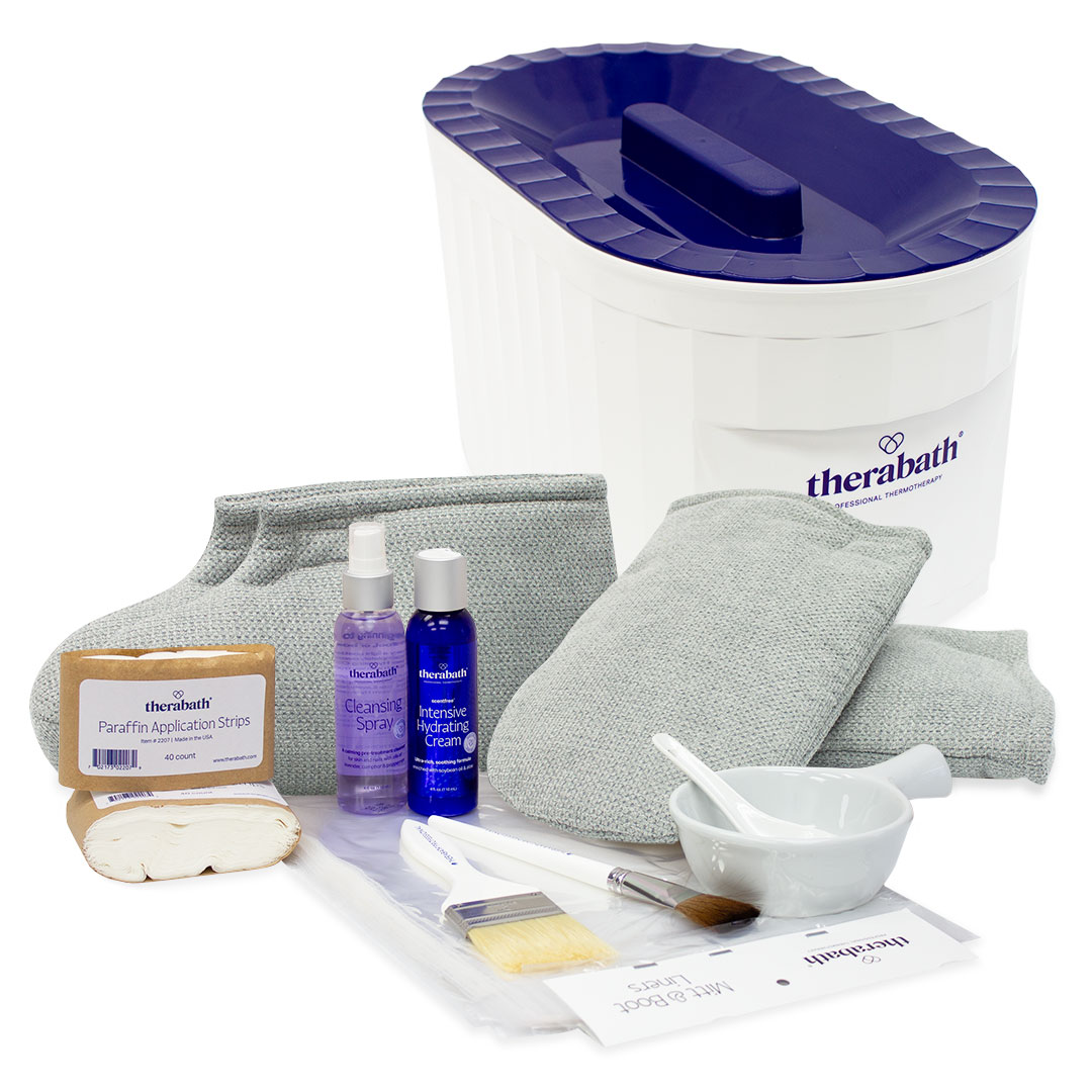 Therabath TB6 Unit with Super Accessory Combo Kit displayed on a clean white background, showcasing all included product kits for a complete paraffin therapy experience.