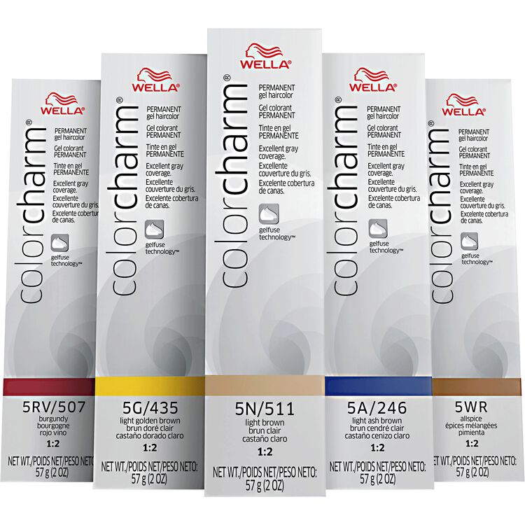 Wella Color Charm Permanent Gel Hair Color showcased in five vibrant shades.