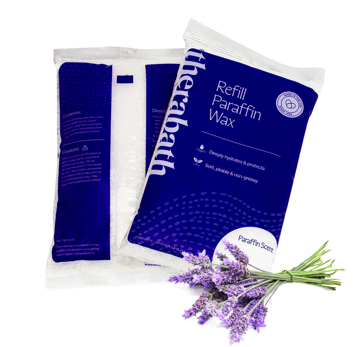 Two Refill Paraffin Wax bags in Lavender Scent, shown from front and back, crafted to deliver a soothing, aromatic experience with calming lavender to enhance relaxation and comfort.