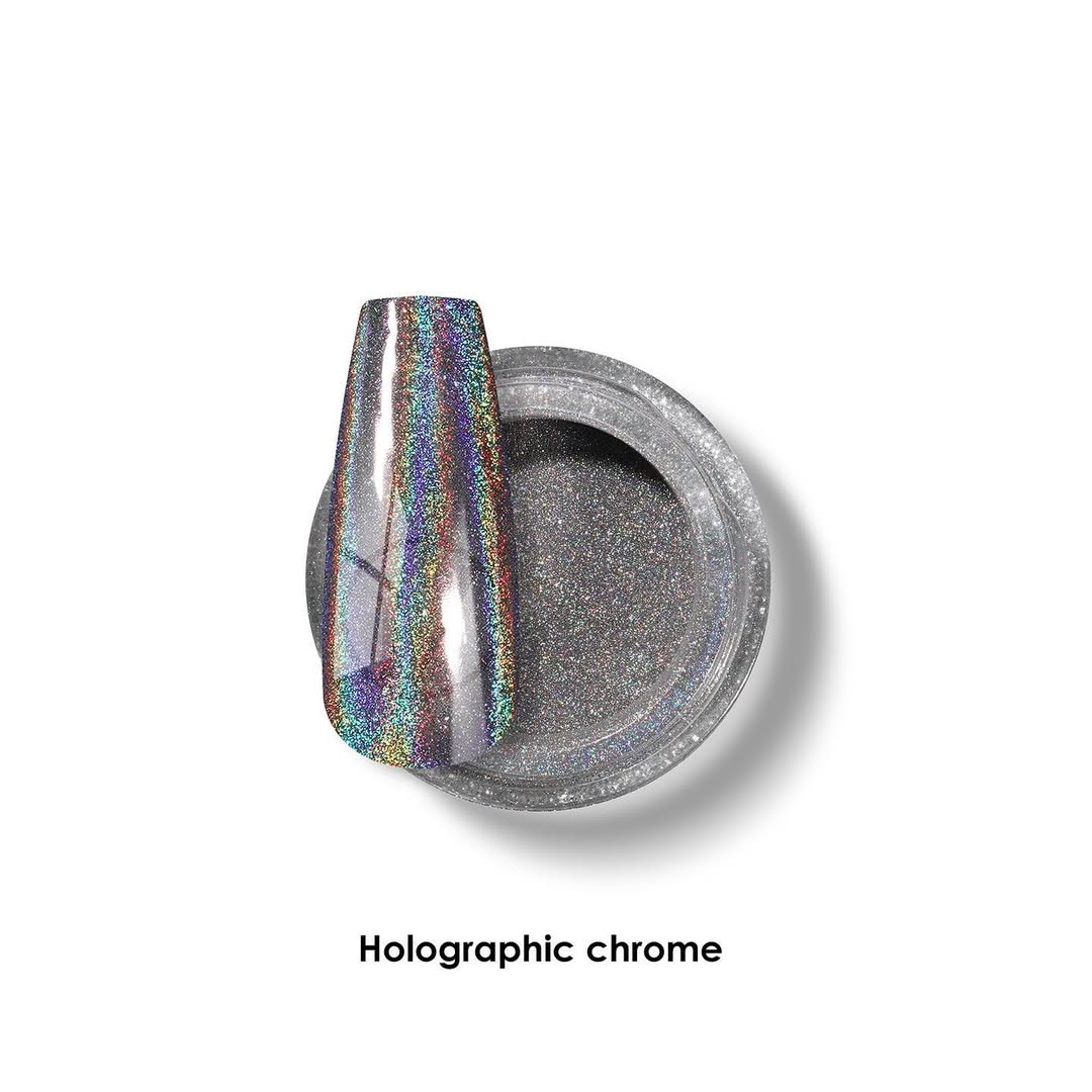 Ivanca’s Holographic chrome powder. nail art. glitter nails. powder nails. Ivanca Chrome Effect.