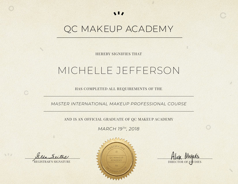 A beauty certificate from QC Makeup Academy.