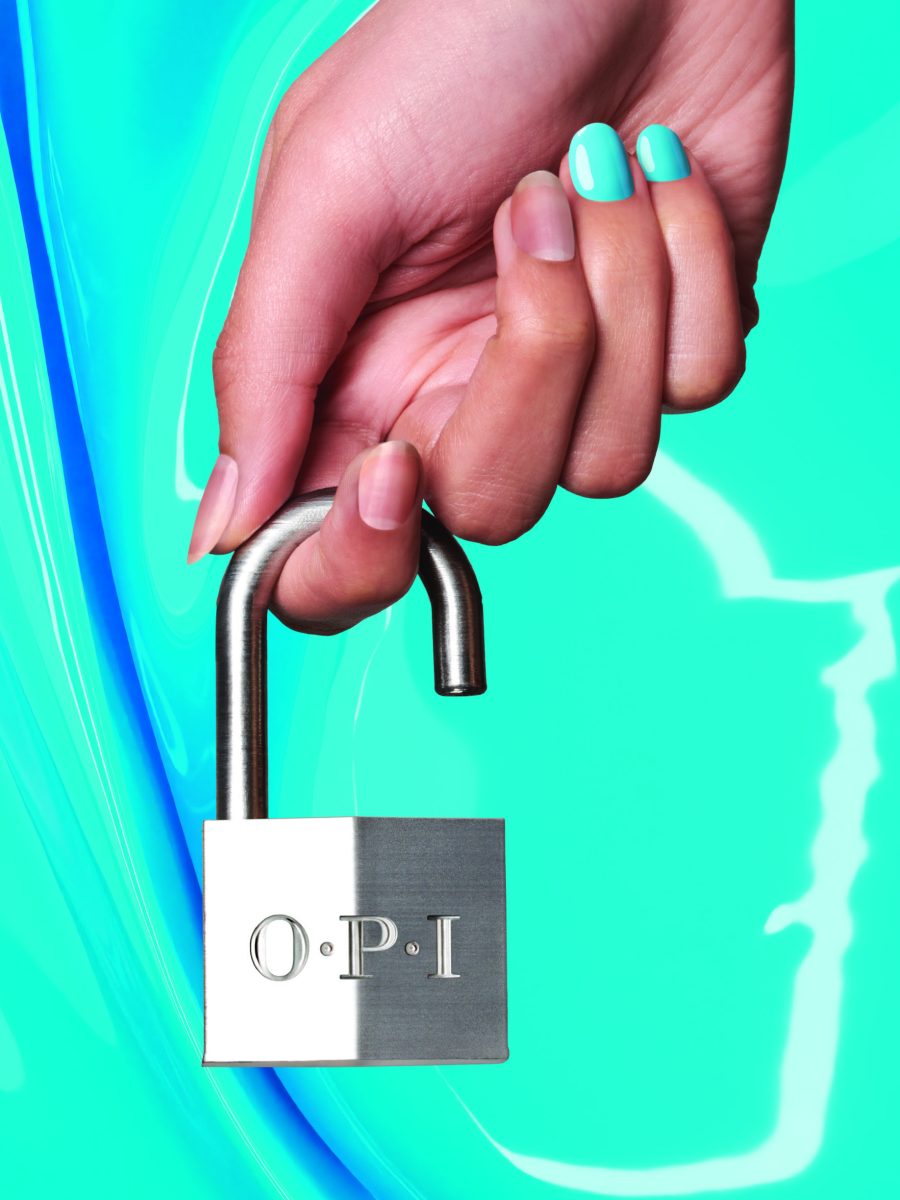 A hand with neatly manicured nails painted in a vibrant turquoise color, holding an open padlock with "O.P.I" engraved on it. The background features a swirling pattern of blue and turquoise colors.